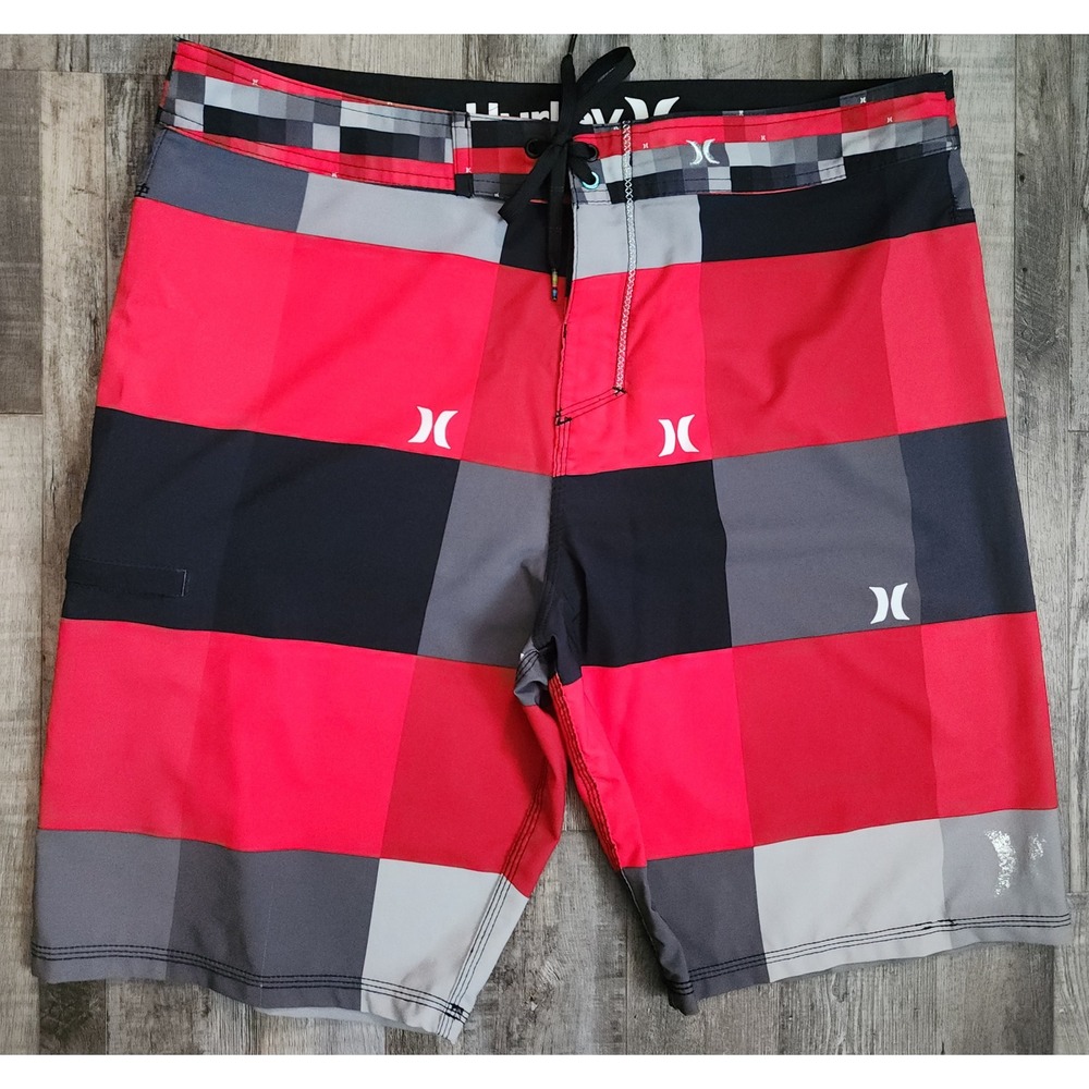 Hurley Board Shorts Mens 36 Red Black Plaid Phantom Colorblock Swim Trunks